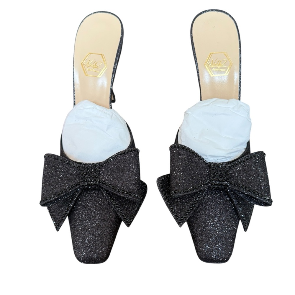 NIB Nalebe By Amina Means Reflections Dimante 
Glitter Bow Mule Heels - Picture 2 of 8